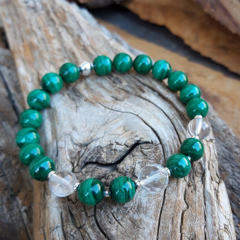 753 65a Bracelet en Malachite Cristal de Roche perles en Argent 925