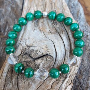 Bracelet en Malachite, Cristal de Roche, perles en Argent 925