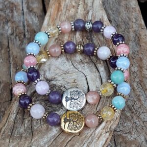 Bracelet "Joie et sérénité" avec perle "arbre de vie" dorée ou argentée