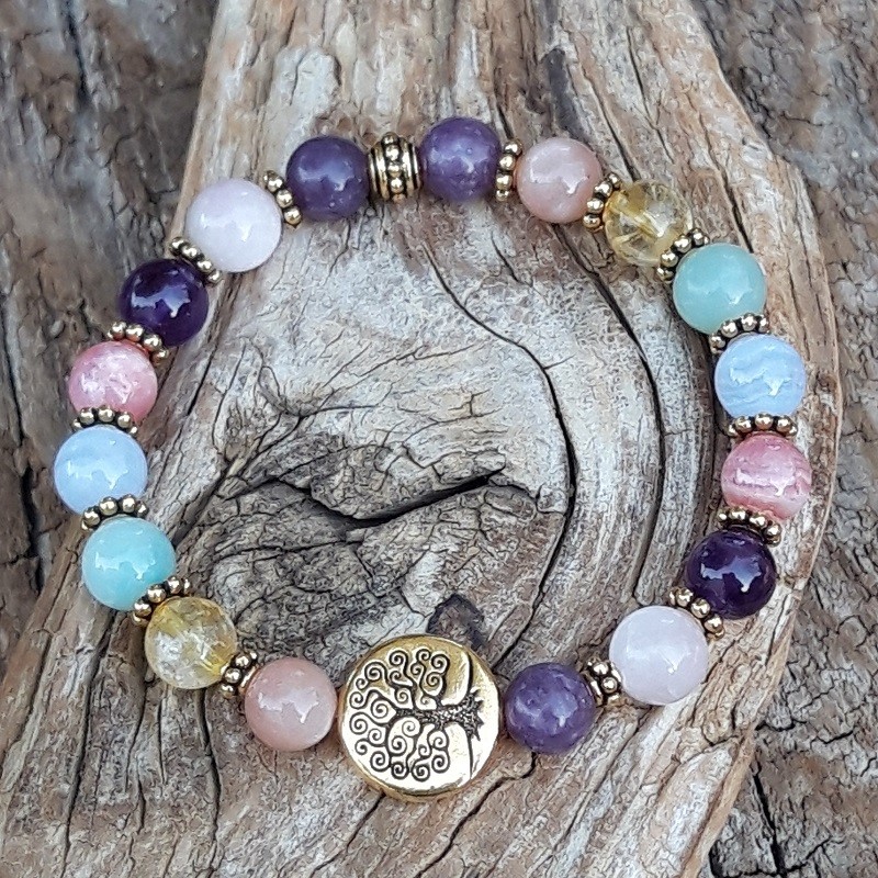 791 4c4 Bracelet Joie et serenite avec perle arbre de vie doree ou argentee