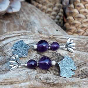 832 a06 Boucles doreilles en Amethyste fleur de Lotus et feuille de Ginko argente