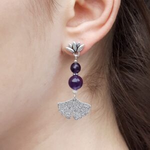 831 de4 Boucles doreilles en Amethyste fleur de Lotus et feuille de Ginko argente
