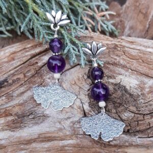830 f45 Boucles doreilles en Amethyste fleur de Lotus et feuille de Ginko argente