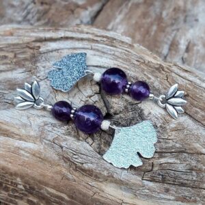 829 5f3 Boucles doreilles en Amethyste fleur de Lotus et feuille de Ginko argente