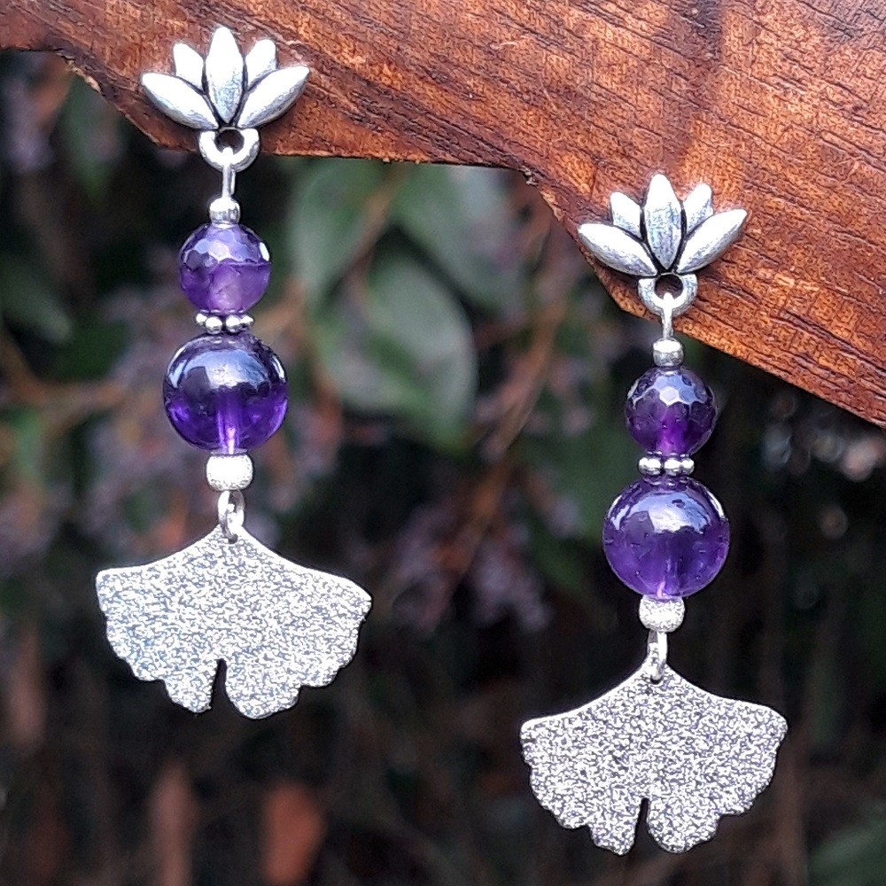 Boucles d'oreilles en Améthyste, fleur de Lotus et feuille de Ginko argenté