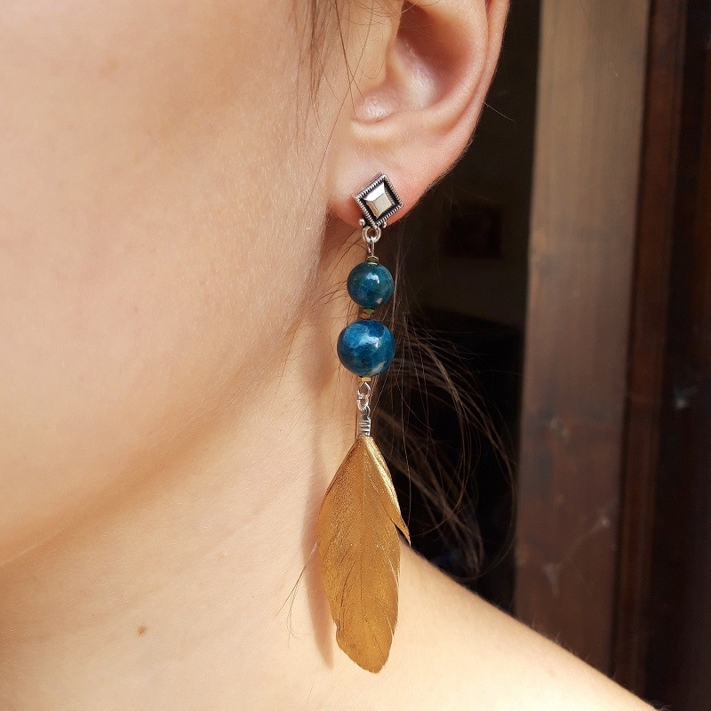 638 d52 Boucles doreilles en Apatite bleue plumes et metal argente