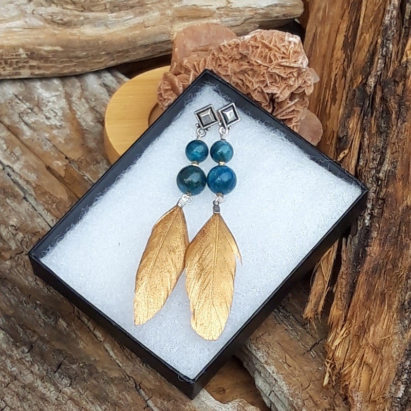 639 ff3 Boucles doreilles en Apatite bleue plumes et metal argente