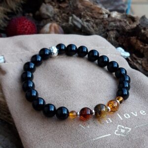 739 84d Bracelet Ambre et Spinelle noir avec intercalaires en Argent 925