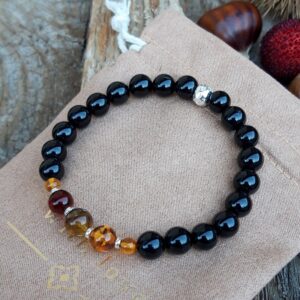 738 aec Bracelet Ambre et Spinelle noir avec intercalaires en Argent 925