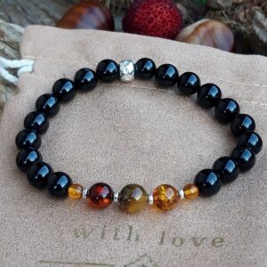 737 f32 Bracelet Ambre et Spinelle noir avec intercalaires en Argent 925