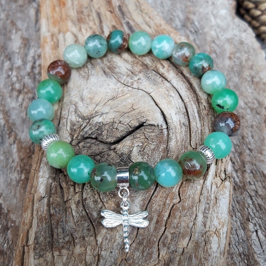 Bracelet Chrysoprase avec breloque libellule Argent 925