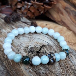 777 d86 Bracelet en Jade et Jadeite avec une perle elephant en metal bronze