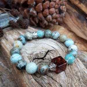 809 4a9 Bracelet Opale bleue Ambre en metal argente