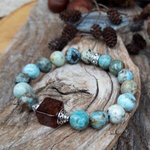 811 cbe Bracelet Opale bleue Ambre en metal argente