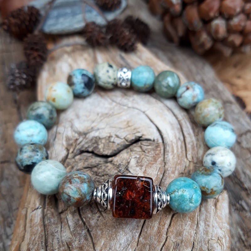 Bracelet Opale bleue, Ambre en métal argenté