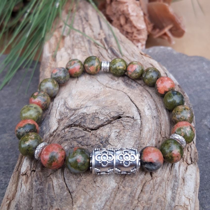 887 6bf Bracelet Unakite et perles de Bali en Argent 925