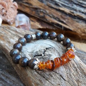 915 186 Bracelet Ambre et Bronzite fleurs argentees