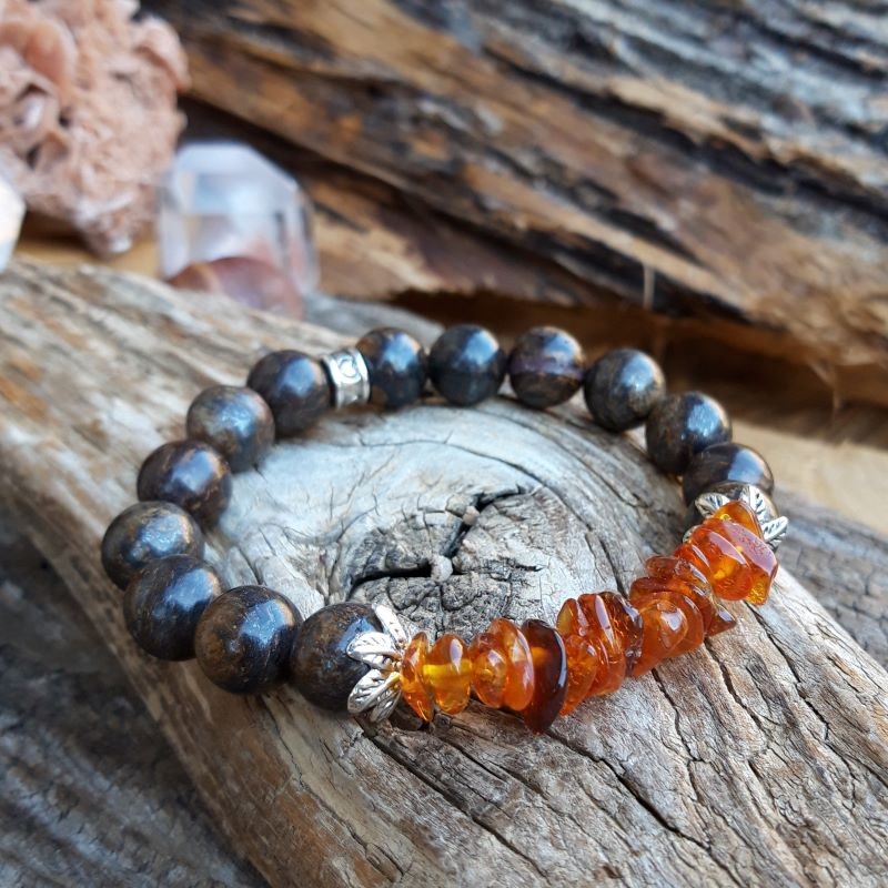 915 186 Bracelet Ambre et Bronzite fleurs argentees