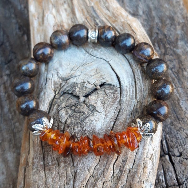 916 664 Bracelet Ambre et Bronzite fleurs argentees