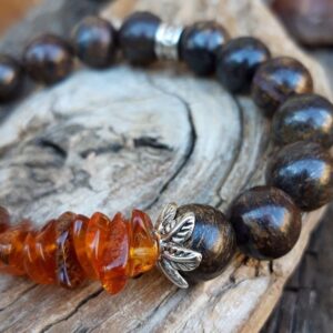 917 4c5 Bracelet Ambre et Bronzite fleurs argentees