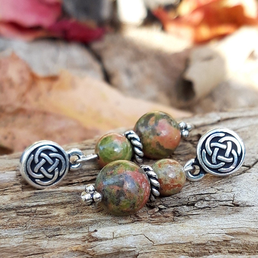 Boucles d'oreilles en Unakite et motif argenté