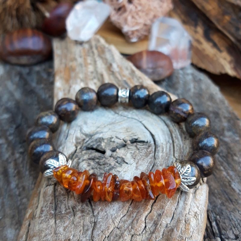 914 327 Bracelet en chips dAmbre de la baltique et perles en Bronzite