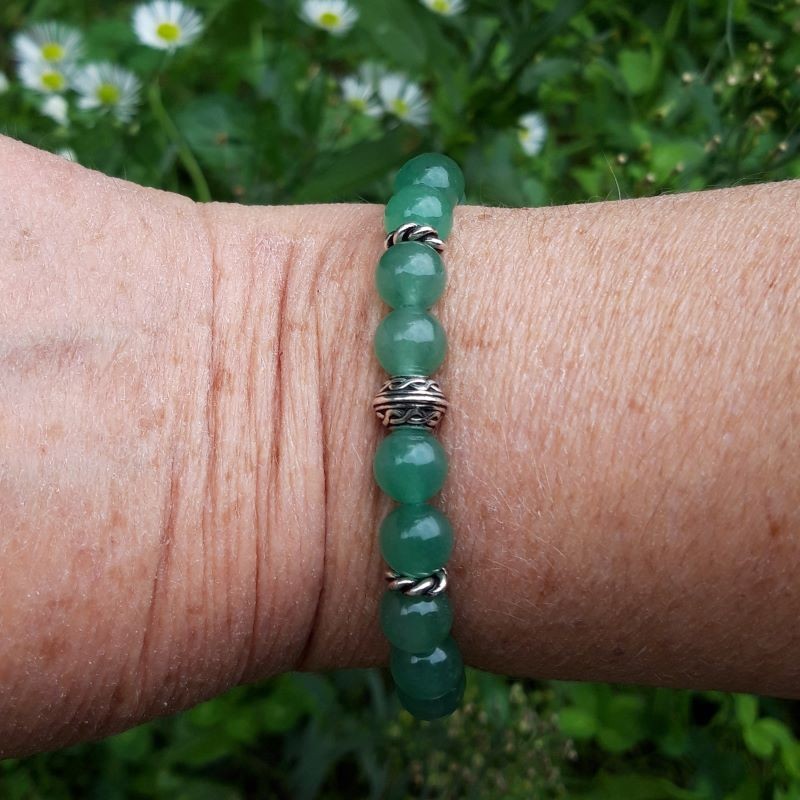 1046 ac5 Bracelet Aventurine verte et perle celtique argentee