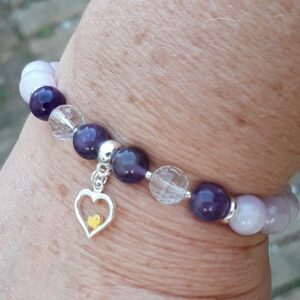 879 7ea Bracelet Kunzite Amethyste Cristal de roche avec une breloque coeur en Argent 925