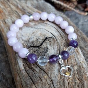 878 54b Bracelet Kunzite Amethyste Cristal de roche avec une breloque coeur en Argent 925