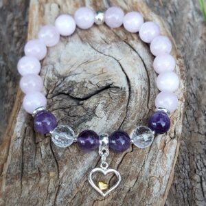 Bracelet Kunzite, Améthyste, Cristal de roche avec une breloque coeur en Argent 925