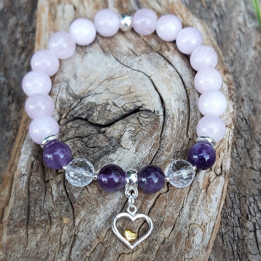 Bracelet Kunzite, Améthyste, Cristal de roche avec une breloque coeur en Argent 925