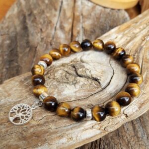 1083 f05 Bracelet OEil de tigre avec une breloque arbre de vie en Argent 925