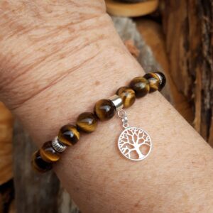 1086 de9 Bracelet OEil de tigre avec une breloque arbre de vie en Argent 925
