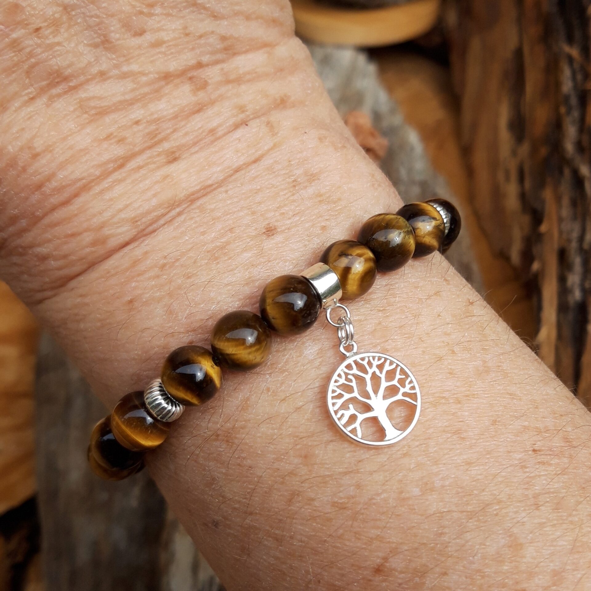 1086 de9 Bracelet OEil de tigre avec une breloque arbre de vie en Argent 925
