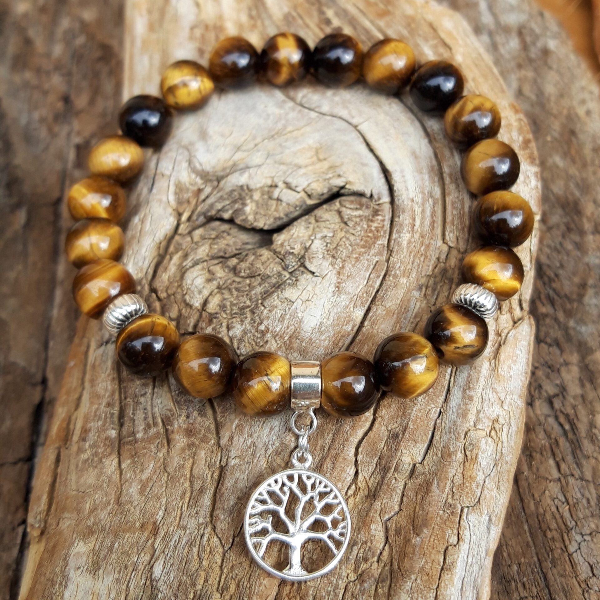 Bracelet Œil de tigre avec une breloque arbre de vie en Argent 925
