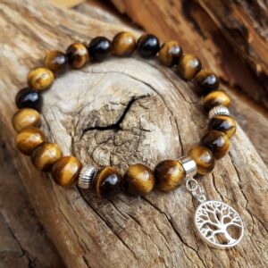 1085 720 Bracelet OEil de tigre avec une breloque arbre de vie en Argent 925