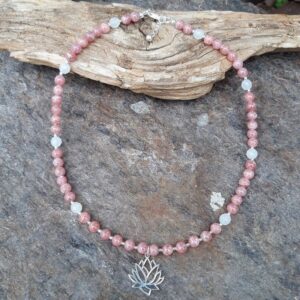 Collier Rhodochrosite, Jade blanc et Lotus en Argent 925
