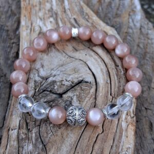 bracelet pierre de soleil, cristal de roche 8 mm avec perle de Bali en Argent 925