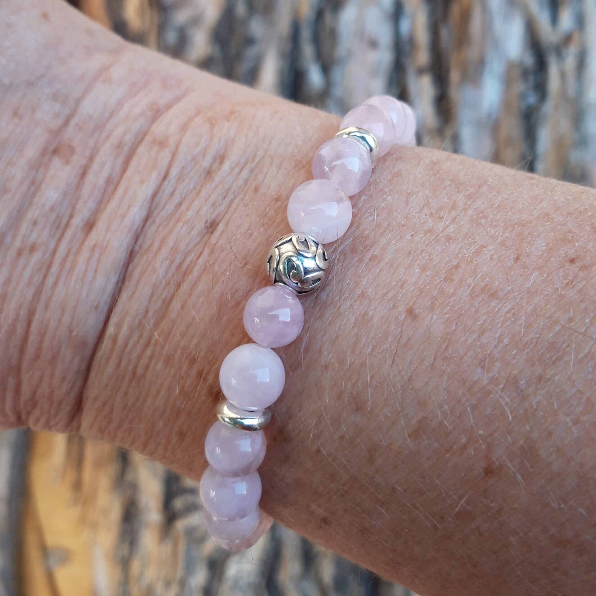 1150 458 Bracelet Quartz rose avec une perle de Bali en Argent 925