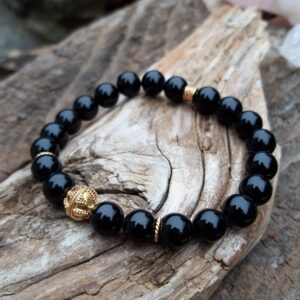 1307 abe Bracelet Spinelle noir avec une perle de Bali en Vermeil