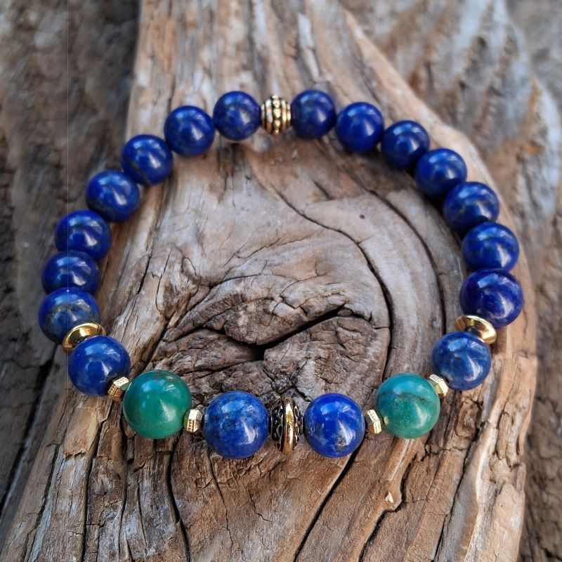 Bracelet lapis-lazuli et Turquoise du Nevada en métal doré et acier inoxydable