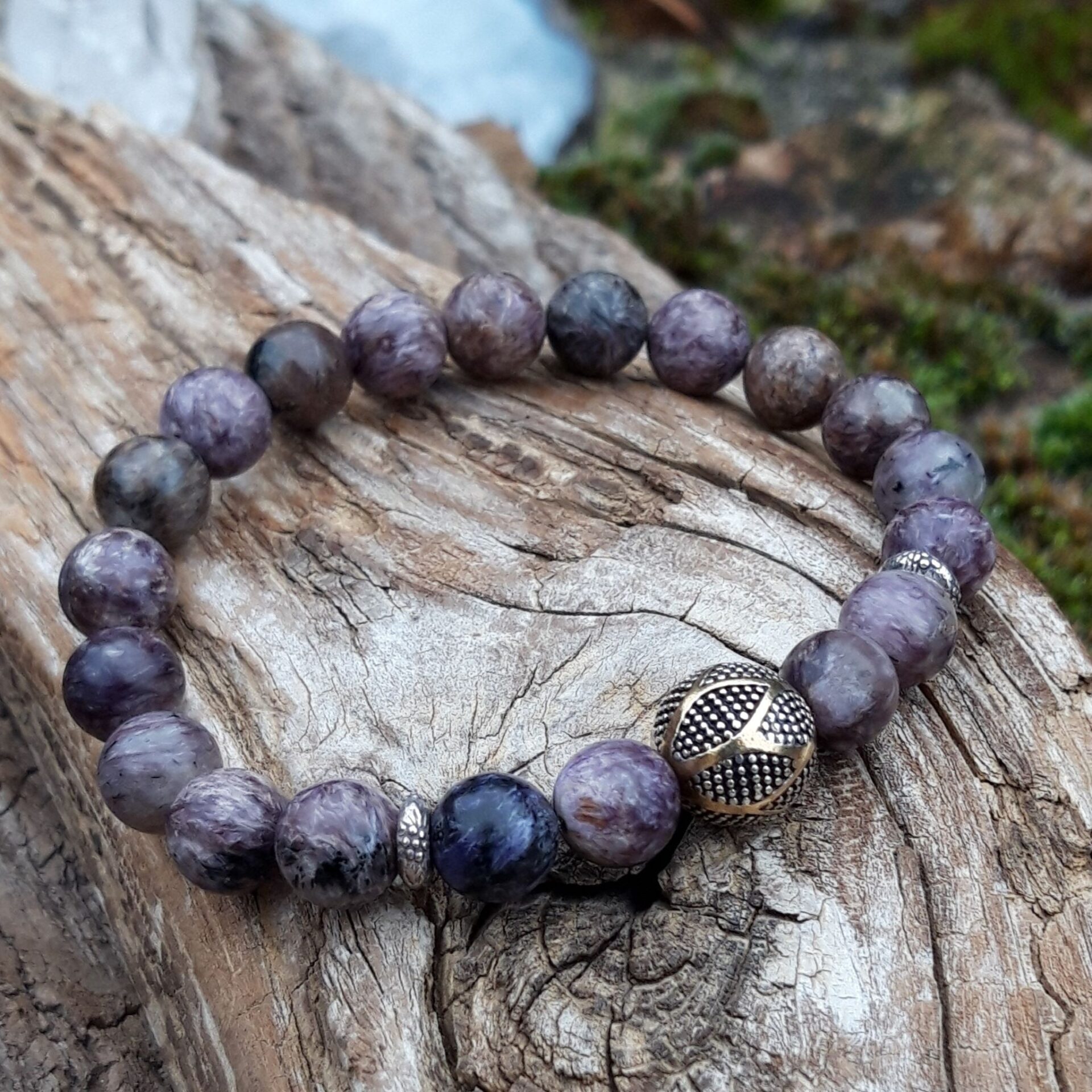 1325 742 Bracelet Charoite avec une perle de Bali en Argent 925 et Or