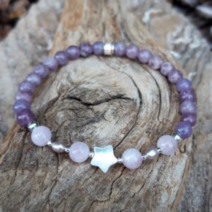 Bracelet Lépidolite, Kunzite, perles de culture, nacre en Argent 925