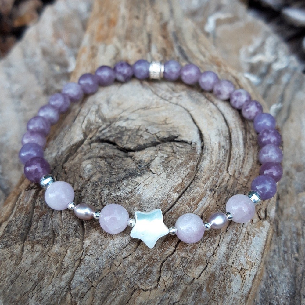Bracelet Lépidolite, Kunzite, perles de culture, nacre en Argent 925