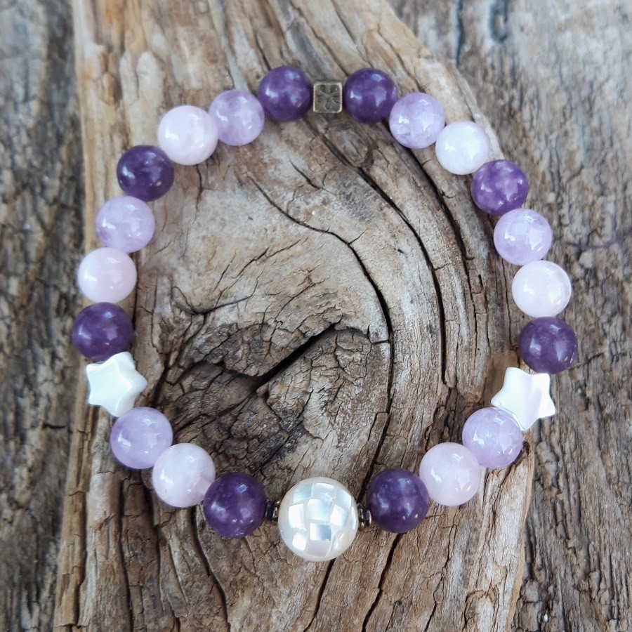 1234 cd0 Bracelet Lepidolite Quartz rose Amethyste lavande et perle en nacre