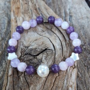Bracelet Lépidolite, Quartz rose, Améthyste lavande et perle en nacre