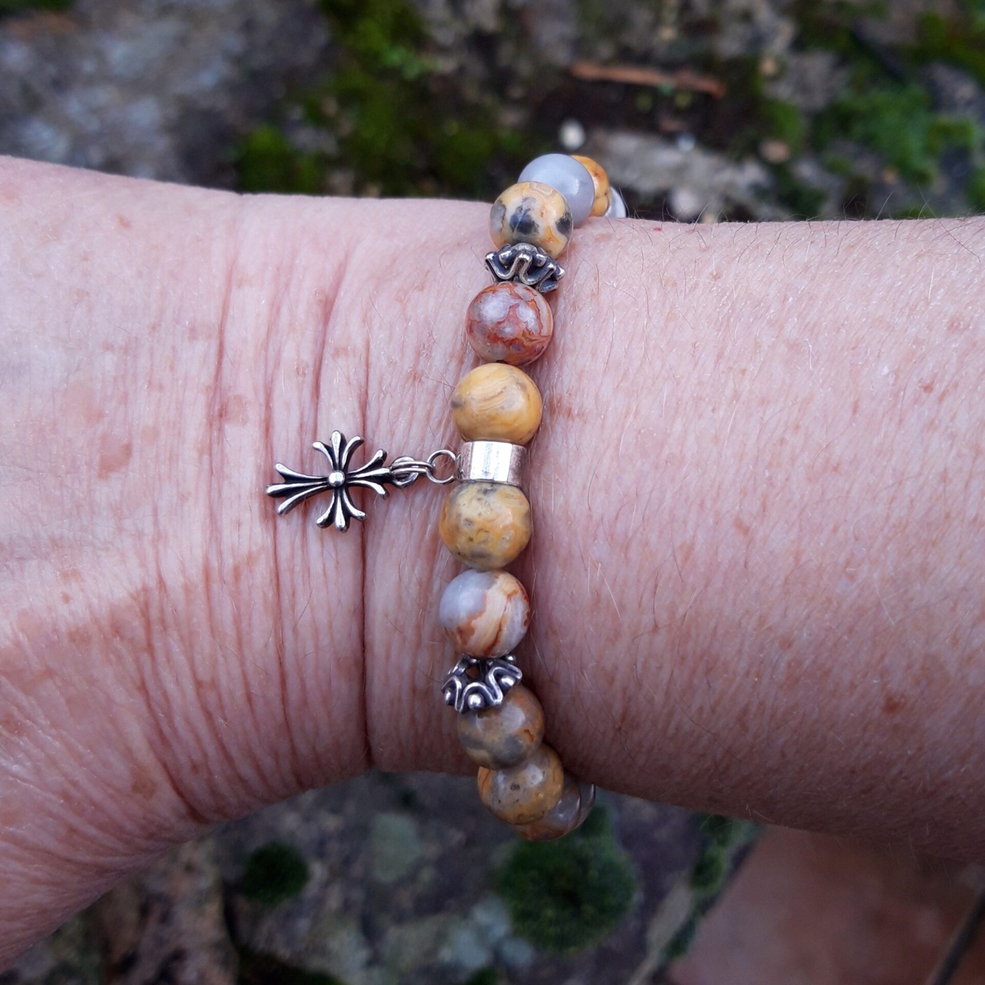 1359 c27 Bracelet Agate Crazy Lace avec une croix en Argent 925