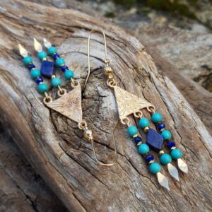 boucles d oreilles turquoise lapis lazuli en metal dore 1