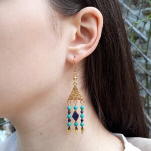 boucles d oreilles turquoise lapis lazuli en metal dore 2