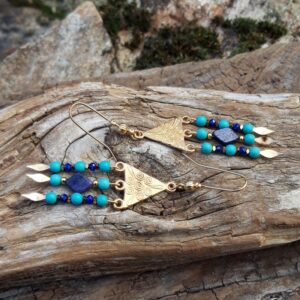boucles d oreilles turquoise lapis lazuli en metal dore 3